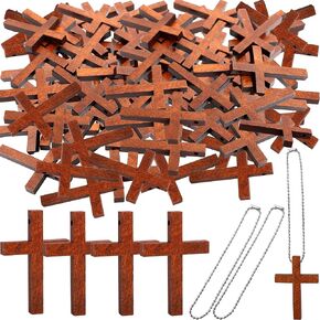 200 Pack Small Wooden Cross Mini Natural Wood Cross Pendant Keychains Hanging Ornament Wood Cross with Chains for Church Crafts Jewelry Projects Party Decorations