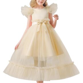 Satin Flower Girl Dress Girls A-Line Ruffle Sleeve Dresses Girl Formal Tulle Dress for Wedding Party Birthday