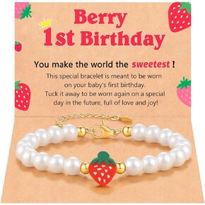 Berry First Birthday Gifts, Adjustable Strawberry Pearls Bracelet for Daughter Niece Granddaughter