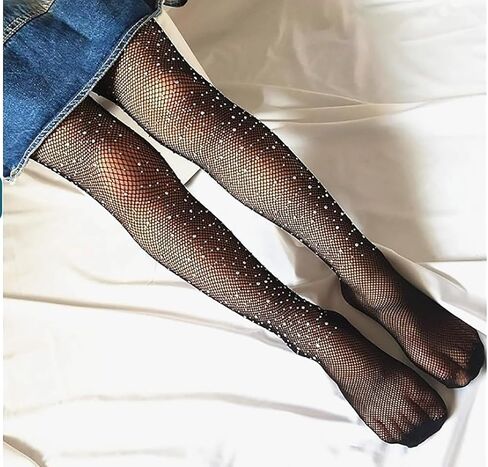 جوارب طويلة للفتيات من Jastore للهالوين بشبكة صيد السمك ضيقة ومتلألئة بأحجار الراين المجوفة، جوارب شبكية لامعة للأطفال in Kuwait