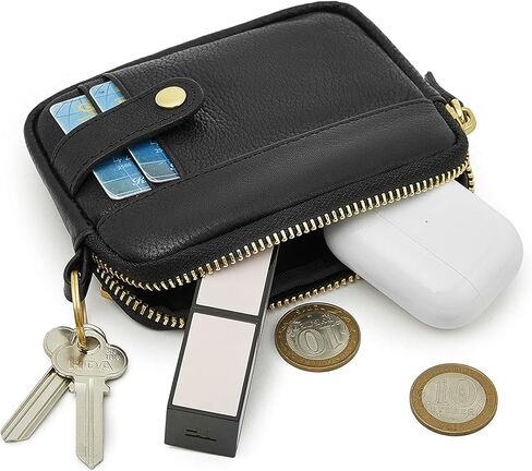محفظة جلدية للعملات المعدنية للنساء، محفظة صغيرة لطيفة بسحاب مع حامل بطاقة (1-أسود) in Kuwait