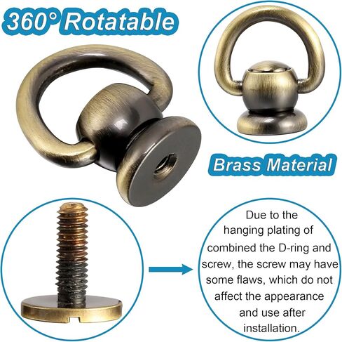 Notgia 4Pcs D Rings for Purse Brass Rivets for Leather Rotatable Purse Strap Hardware Ball Button Studs for Handbag D Rings Chicago Screws for Repair Purse Dog Collar Leather Crafts (Gold) in Kuwait