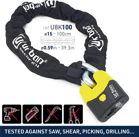 Urban Security U8K100 Motorcycle Chain Lock High Security Chain Lock Motorcycle Anti Theft Heavy Duty Motorcycle Lock, Cut Proof Chain and Cut Resistant Padlock, Cycle Lock Chain SRA Approved, 100cm in Saudi Arabia