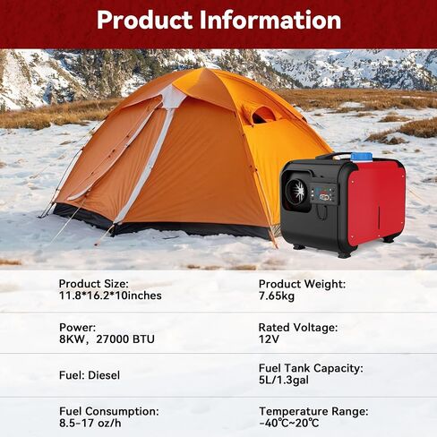 8KW Diesel Heater All in One, Portable Diesel Heater with Remote Control and LCD Display, 12V Diesel Air Heater Fast Heating and Low Noise, Parking Heater for RV Truck Camper Van Boat Tent and Indoor in Saudi Arabia