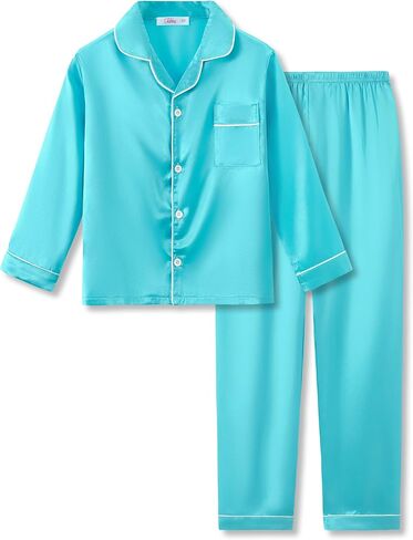 Tebbis Satin Pajamas for Girls - Neon Pink Cute Silky Long Sleeves & Pants Sleepwear PJ Set Size 6/7-16 in Kuwait