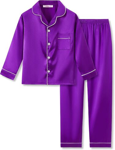 بيجامة تيبيس ساتان للبنات - وردي نيون لطيف حريري بأكمام طويلة وسروال ملابس نوم طقم بيجاما مقاس 6/7-16 in Kuwait