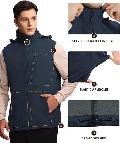 Mens Vests Outerwear Removable Hood Windproof Golf Vests for Men Softshell Sleeveless Jacket Men with 6 Pockets in Saudi Arabia
