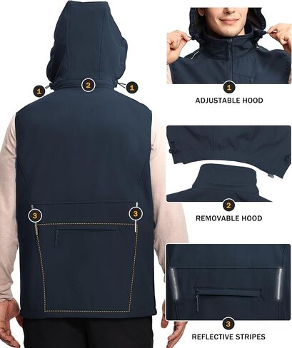 Mens Vests Outerwear Removable Hood Windproof Golf Vests for Men Softshell Sleeveless Jacket Men with 6 Pockets in Saudi Arabia