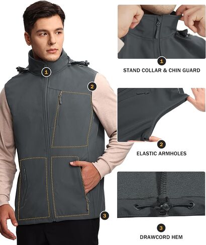 Mens Vests Outerwear Removable Hood Windproof Golf Vests for Men Softshell Sleeveless Jacket Men with 6 Pockets in Saudi Arabia