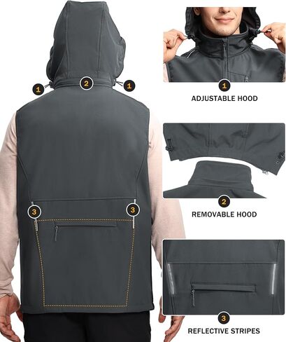 Mens Vests Outerwear Removable Hood Windproof Golf Vests for Men Softshell Sleeveless Jacket Men with 6 Pockets in Saudi Arabia