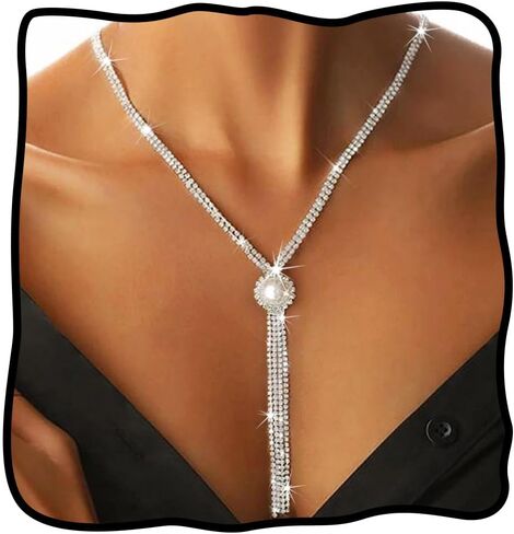 Nicute Rhinestone Y-Necklaces Crystal Long Choker Chain with Pearl Party Choker Necklaces Jewelry for Women and Girls in Kuwait