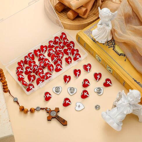 Juexica 50 Pcs Heart with Cross Lapel Pins Bulk Religious Red Pin with Clutch Back Hat Gold Plated Lapel Enamel Pin for Christian Chaplain Church Gifts Prayer Activities Valentine's Day Favors in Saudi Arabia