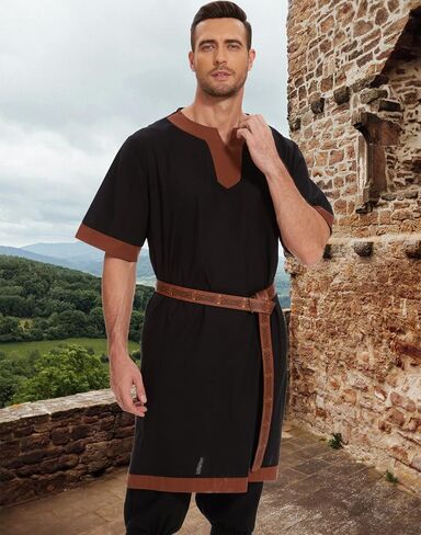 Mens Medieval Pirate Costumes Viking Tunic Shirt Renaissance Knight Warrior Cosplay LARP Halloween Tops with Belt in Saudi Arabia