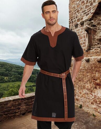 Mens Medieval Pirate Costumes Viking Tunic Shirt Renaissance Knight Warrior Cosplay LARP Halloween Tops with Belt in Saudi Arabia