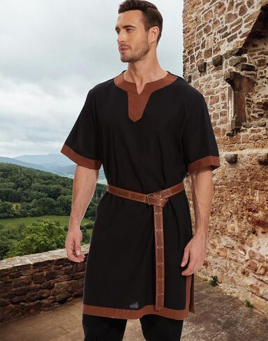 Mens Medieval Pirate Costumes Viking Tunic Shirt Renaissance Knight Warrior Cosplay LARP Halloween Tops with Belt in Saudi Arabia