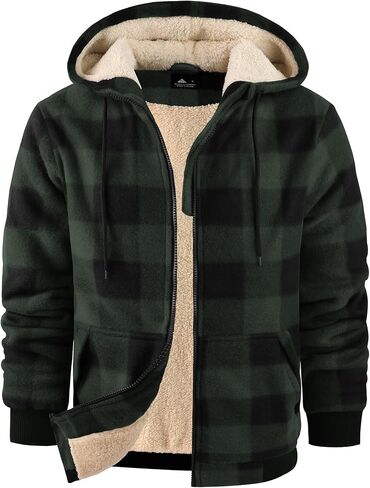 ZITY Heavy Hoodies for Men Plaid Flannel Jacket Warm Sherpa Fleece Lined Coat Winter Full Zip Up Sweatshirt in Kuwait