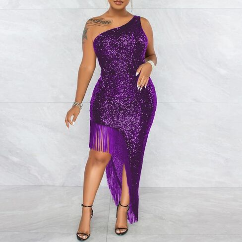 Cololura Women Sequin Elegant Sexy Tassels One Shoulder Mermaid Bodycon Cocktail Evening Midi Party Formal Dress in Saudi Arabia