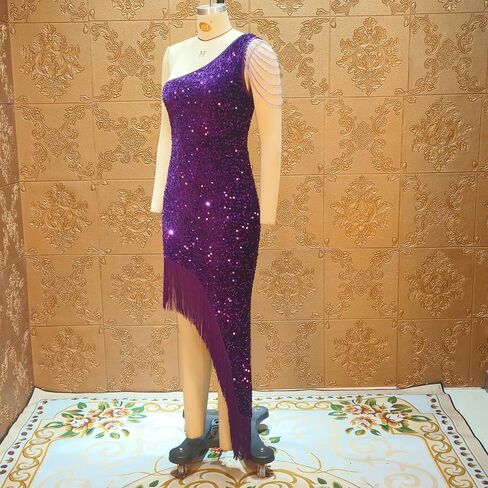 Cololura Women Sequin Elegant Sexy Tassels One Shoulder Mermaid Bodycon Cocktail Evening Midi Party Formal Dress in Saudi Arabia