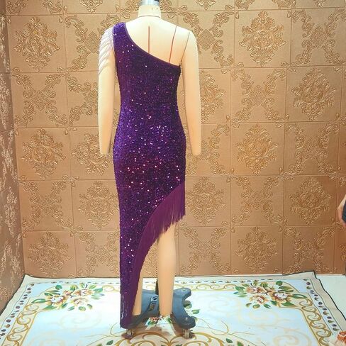 Cololura Women Sequin Elegant Sexy Tassels One Shoulder Mermaid Bodycon Cocktail Evening Midi Party Formal Dress in Saudi Arabia