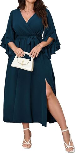 Womens Plus Size Dress Wedding Guest Cocktail Ruffle Half Sleeve Wrap V Neck Slit A Line Maxi Dresses with Belt in Kuwait