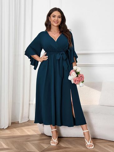 Womens Plus Size Dress Wedding Guest Cocktail Ruffle Half Sleeve Wrap V Neck Slit A Line Maxi Dresses with Belt in Kuwait