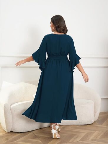 Womens Plus Size Dress Wedding Guest Cocktail Ruffle Half Sleeve Wrap V Neck Slit A Line Maxi Dresses with Belt in Kuwait