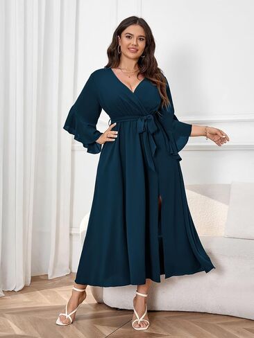 Womens Plus Size Dress Wedding Guest Cocktail Ruffle Half Sleeve Wrap V Neck Slit A Line Maxi Dresses with Belt in Kuwait