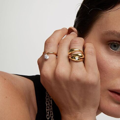 Chunky Rings for Women Non Tarnish - 14K Gold Plated Thumb Statement CZ Ring Set Hypoallergenic Lightweight Stackable Band Dainty Rings Jewelry Gifts Trendy Size 6-10 in Saudi Arabia