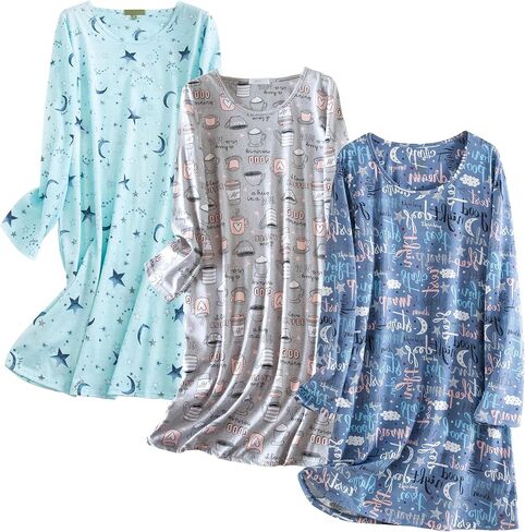 PNAEONG 3 Pack Women's Nightgown, Long Sleeve Sleep Shirts Comfy Soft Nightshirt Women Pajama Sleep Dress Cotton Sleepwear in Saudi Arabia