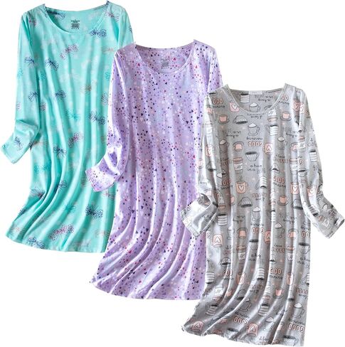 PNAEONG 3 Pack Women's Nightgown, Long Sleeve Sleep Shirts Comfy Soft Nightshirt Women Pajama Sleep Dress Cotton Sleepwear in Saudi Arabia