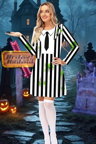 فستان Remimi Halloween مخطط باللونين الأبيض والأسود، ملابس تنكرية مطبوعة، فستان من قطعة واحدة in Kuwait