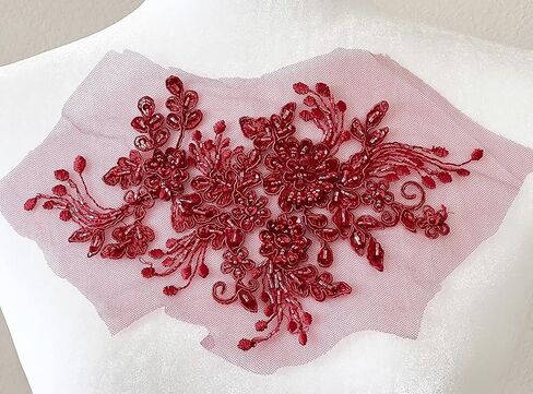 PEPPERLONELY 3D Flower Embroidery Patches Bridal Lace Sewing Fabric Applique Beaded Pearl Tulle, Navy, 24 x 16cm in Kuwait