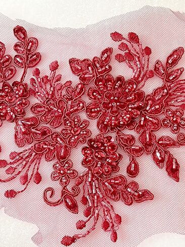 PEPPERLONELY 3D Flower Embroidery Patches Bridal Lace Sewing Fabric Applique Beaded Pearl Tulle, Navy, 24 x 16cm in Kuwait