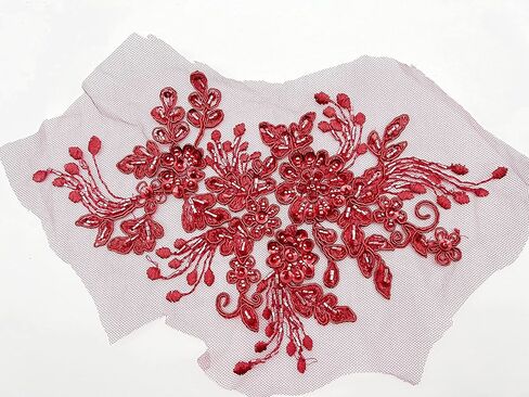 PEPPERLONELY 3D Flower Embroidery Patches Bridal Lace Sewing Fabric Applique Beaded Pearl Tulle, Navy, 24 x 16cm in Kuwait