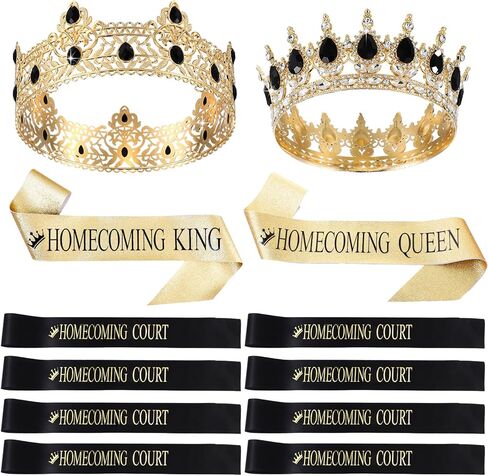 Saintrygo 12 Pcs Homecoming Crowns and Sashes Set Homecoming King Queen Crystal Tiara Court Shiny Sash for Homecoming Party (Gold, Green,Shiny) in Kuwait