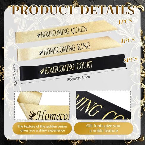 Saintrygo 12 Pcs Homecoming Crowns and Sashes Set Homecoming King Queen Crystal Tiara Court Shiny Sash for Homecoming Party (Gold, Green,Shiny) in Kuwait