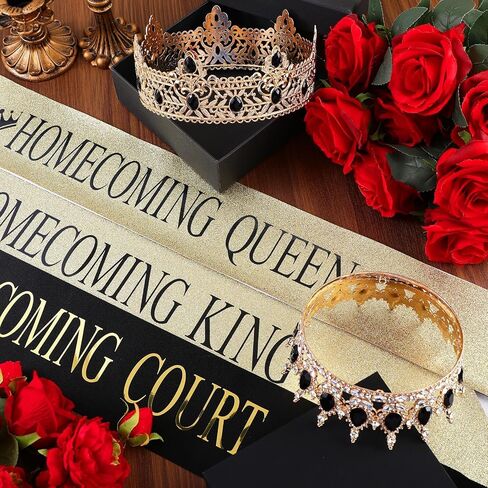 Saintrygo 12 Pcs Homecoming Crowns and Sashes Set Homecoming King Queen Crystal Tiara Court Shiny Sash for Homecoming Party (Gold, Green,Shiny) in Kuwait