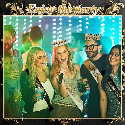 Saintrygo 12 Pcs Homecoming Crowns and Sashes Set Homecoming King Queen Crystal Tiara Court Shiny Sash for Homecoming Party (Gold, Green,Shiny) in Kuwait