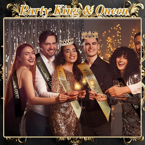 Saintrygo 12 Pcs Homecoming Crowns and Sashes Set Homecoming King Queen Crystal Tiara Court Shiny Sash for Homecoming Party (Gold, Green,Shiny) in Kuwait