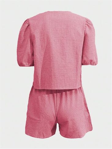 MakeMeChic Women's Two Piece Lounge Sets Gingham Plaid Puff Sleeve Tie Peplum Top and Shorts Pajamas Set in Saudi Arabia