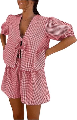 MakeMeChic Women's Two Piece Lounge Sets Gingham Plaid Puff Sleeve Tie Peplum Top and Shorts Pajamas Set in Saudi Arabia