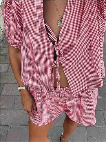 MakeMeChic Women's Two Piece Lounge Sets Gingham Plaid Puff Sleeve Tie Peplum Top and Shorts Pajamas Set in Saudi Arabia