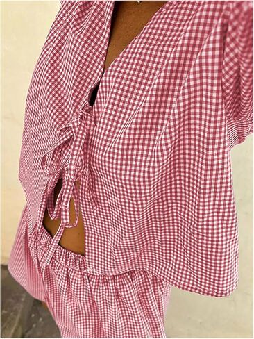 MakeMeChic Women's Two Piece Lounge Sets Gingham Plaid Puff Sleeve Tie Peplum Top and Shorts Pajamas Set in Saudi Arabia