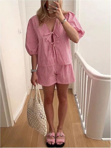 MakeMeChic Women's Two Piece Lounge Sets Gingham Plaid Puff Sleeve Tie Peplum Top and Shorts Pajamas Set in Saudi Arabia