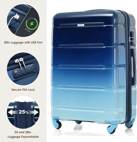 Merax 3 قطع حقائب سفر مع حامل أكواب، ABS مع عجلات دوارة وقفل TSA، أزرق داكن متدرج، 20/24/28 بوصة in Kuwait