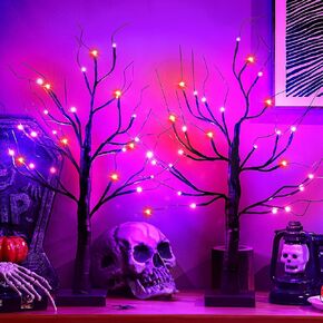 Ganeen 2 Pcs 24 Inch Halloween Lighted Tree Orange and Purple Birches Decor with Timer 48 LED Lights Twigs Battery Operated Artificial Black Tabletop Spooky Tree Decorations for Indoor Home Party