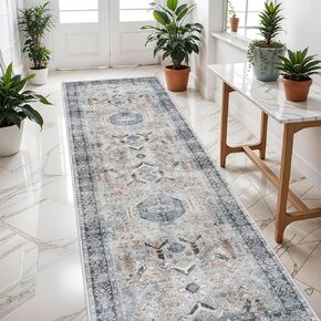 Washable Kitchen Runner Rug - 2x10 Hallway Rug Distressed Mats Non-Slip Soft Room Floor Carpet for Dining Room (Beige, 2 x 10)
