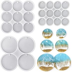RESINWORLD 25-Cavity Set of Large + Medium + Small Shiny Flat Circle Silicone Mold, Drilled Round Earrings Pendant Mold, Keychain Resin Mold, Pet Tag Mold