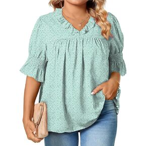 Eytino Womens Plus Size Floral Print Blouses V Neck Ruffle Flowy Short Sleeve Shirts Babydoll Casual Tunic Tops(1X-5X)