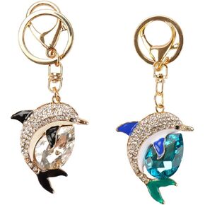 kcrygogo 2 Pieces Crystal Dolphin Keychain Keyrings for Party Favors, Ocean-style Travel Souvenirs,Couple Keychains Beautiful Small Gifts (Blue and Black)